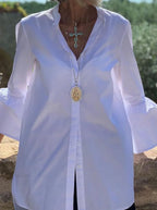 Blouse Office Arm - V Button Women's Flare Up White Neck Blouse image 1