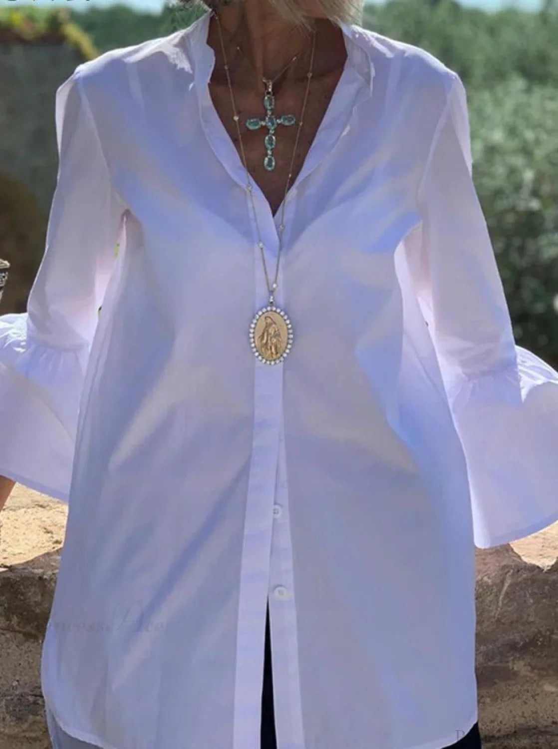 Blouse Office Arm - V Button Women's Flare Up White Neck Blouse image 1