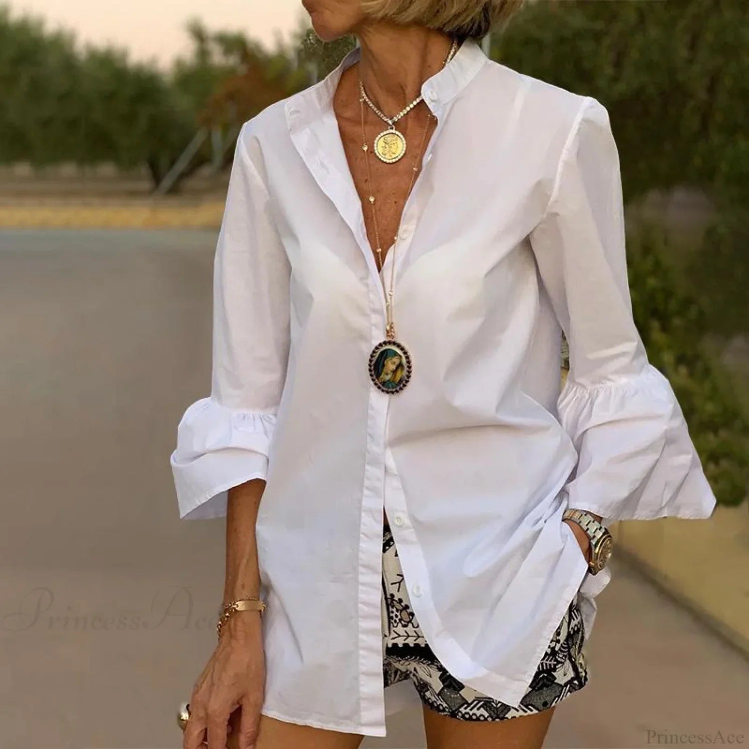 Blouse Office Arm - V Button Women's Flare Up White Neck Blouse image 5