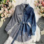 Blouse Patchwork - Plaid Jeans Long Blouse Women's with Autumn Arm Elegant Design Slim Dress image 3
