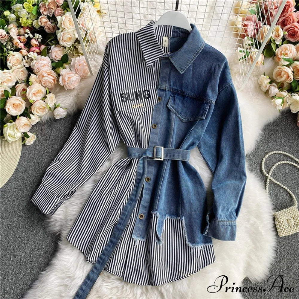 Blouse Patchwork - Plaid Jeans Long Blouse Women's with Autumn Arm Elegant Design Slim Dress image 3