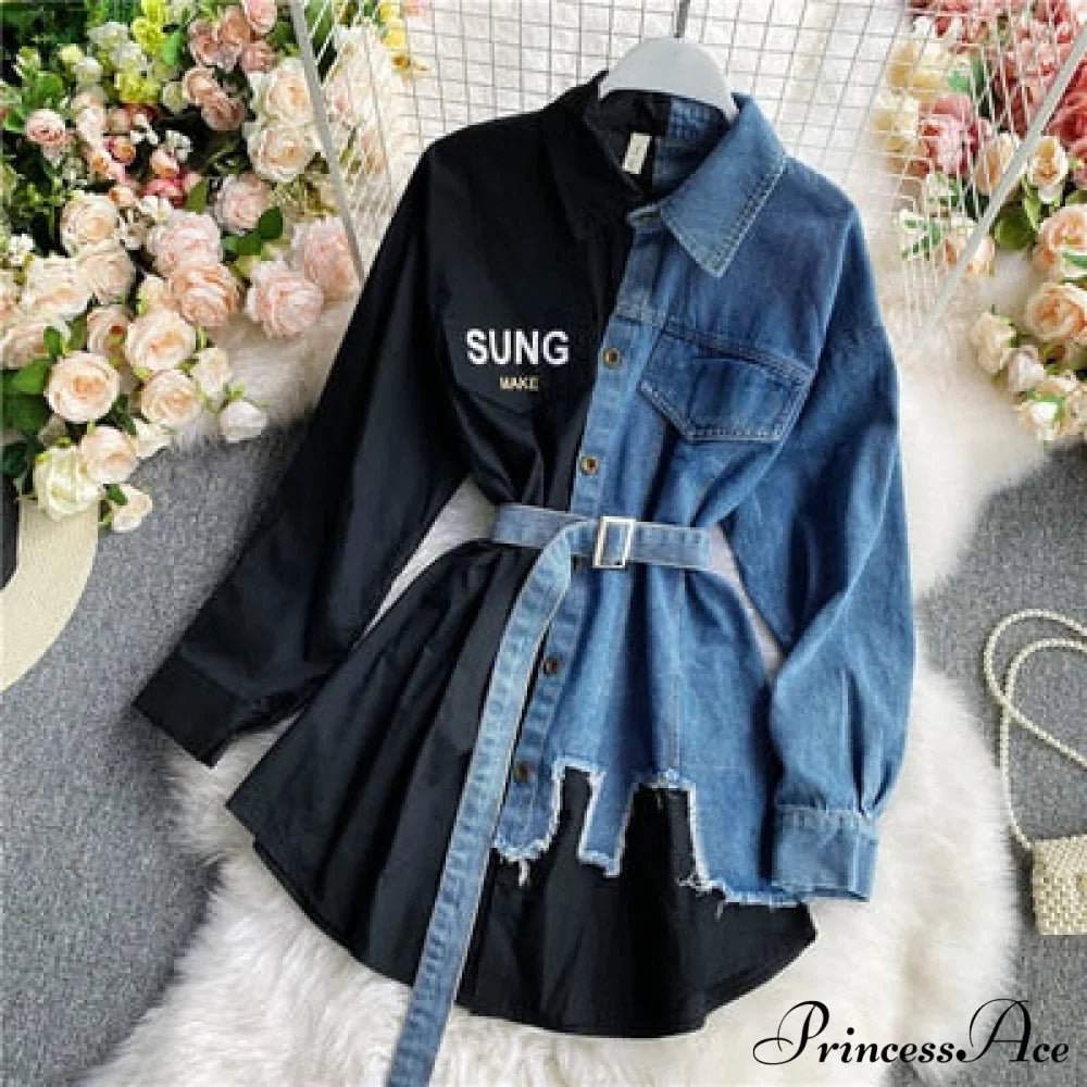 Blouse Patchwork - Plaid Jeans Long Blouse Women's with Autumn Arm Elegant Design Slim Dress image 4