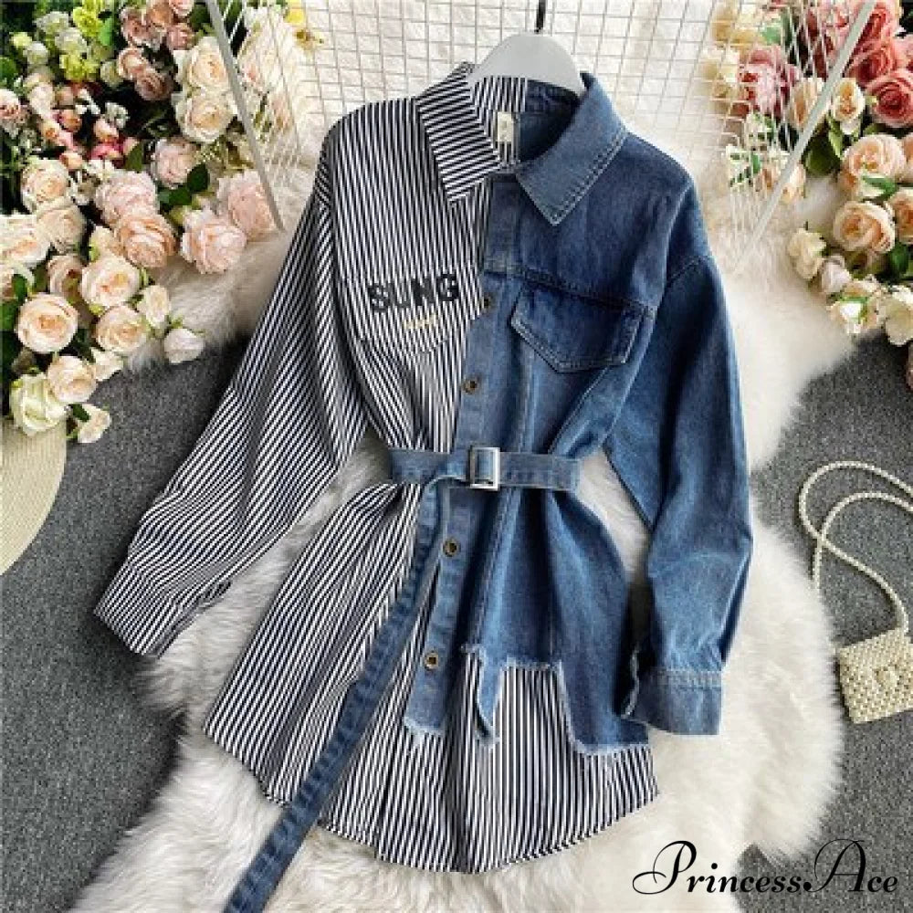 Blouse Patchwork - Plaid Jeans Long Blouse Women's with Autumn Arm Elegant Design Slim Dress image 5
