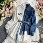 Blouse Patchwork - Plaid Jeans Long Blouse Women's with Autumn Arm Elegant Design Slim Dress image 6