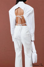 Blouse White Arm Shoulder Long Backless with Up Lace Pads image 9