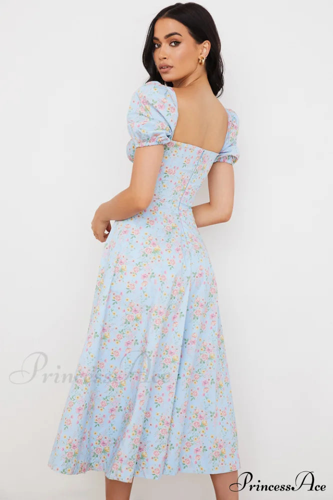 Blue And Pink Charming Vintage Print Midi Skirt image 5
