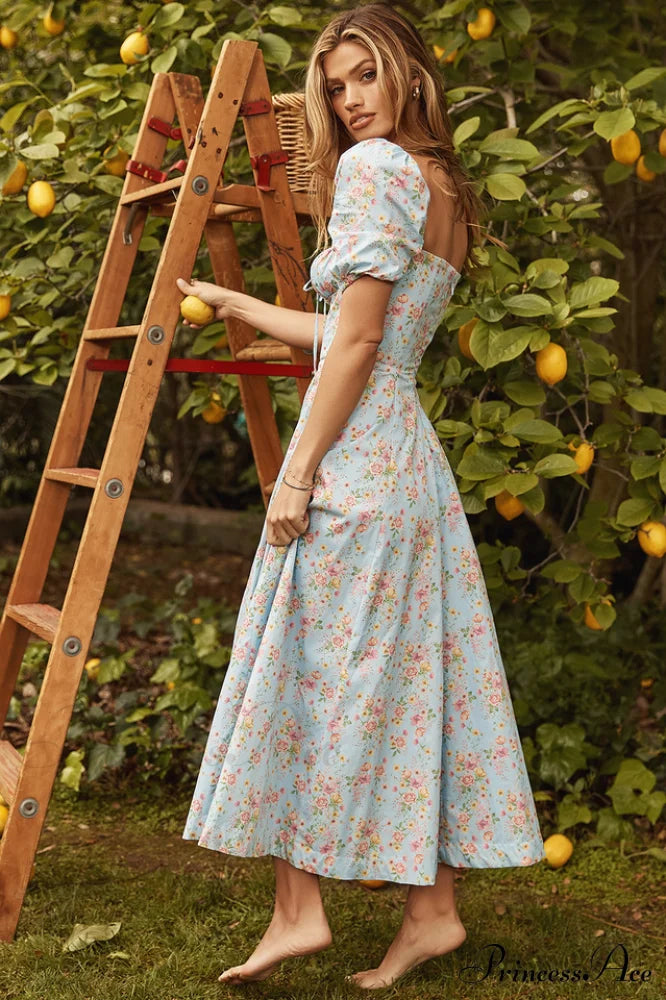 Blue And Pink Charming Vintage Print Midi Skirt image 10
