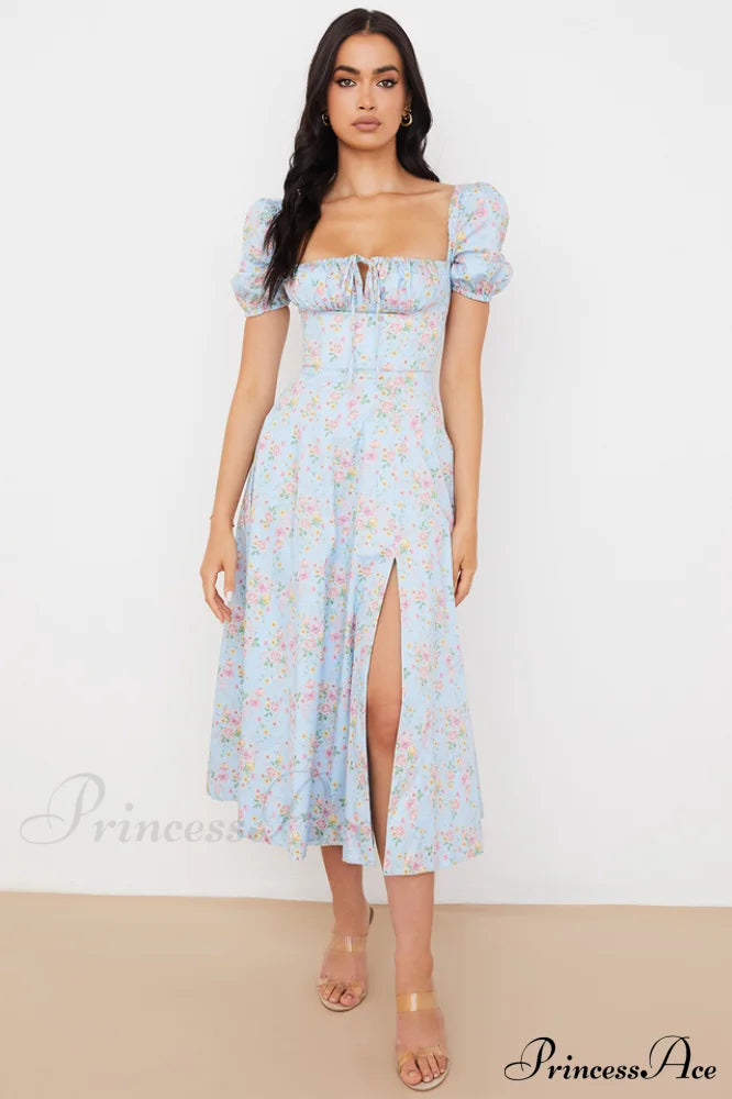 Blue And Pink Charming Vintage Print Midi Skirt image 7