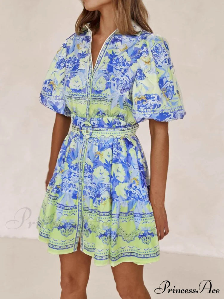 Blue And Yellow Charming Floral Print Mini Dress image 1