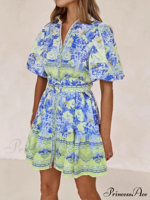 Blue And Yellow Charming Floral Print Mini Dress image 1