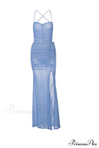 Blue Backless Side Split Dress with Ruched Detail image 5