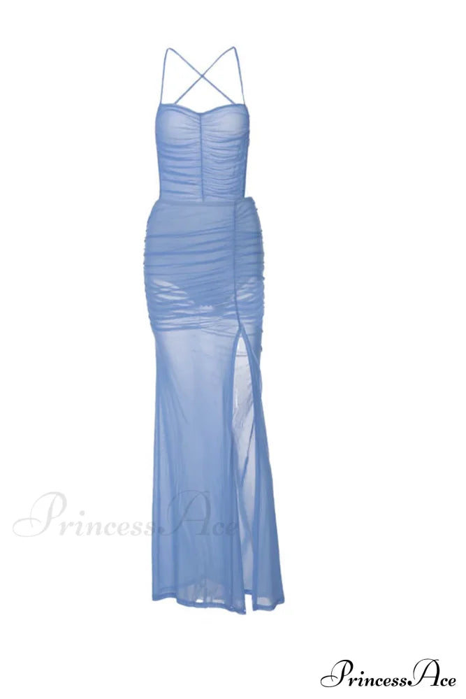 Blue Backless Side Split Dress with Ruched Detail image 5