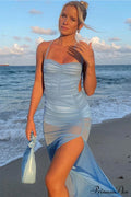 Blue Backless Side Split Dress with Ruched Detail image 1