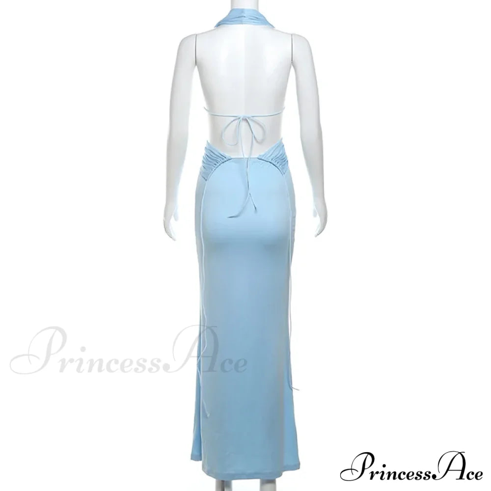 Blue Deep Slit Charming Neck Pleated Maxi Dress image 9
