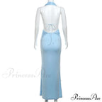 Blue Deep Slit Charming Neck Pleated Maxi Dress image 9