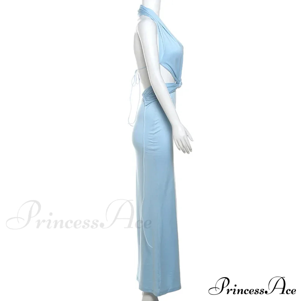 Blue Deep Slit Charming Neck Pleated Maxi Dress image 8