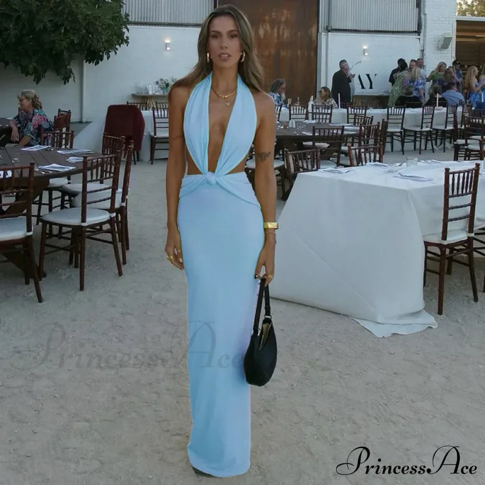 Blue Deep Slit Charming Neck Pleated Maxi Dress image 6