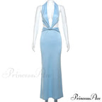 Blue Deep Slit Charming Neck Pleated Maxi Dress image 7