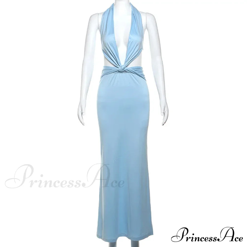 Blue Deep Slit Charming Neck Pleated Maxi Dress image 7