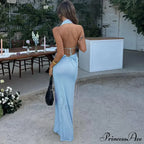 Blue Deep Slit Charming Neck Pleated Maxi Dress image 3