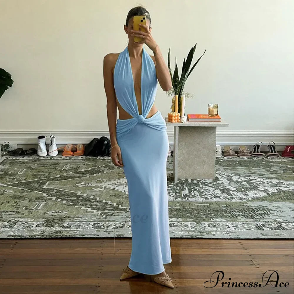 Blue Deep Slit Charming Neck Pleated Maxi Dress image 1