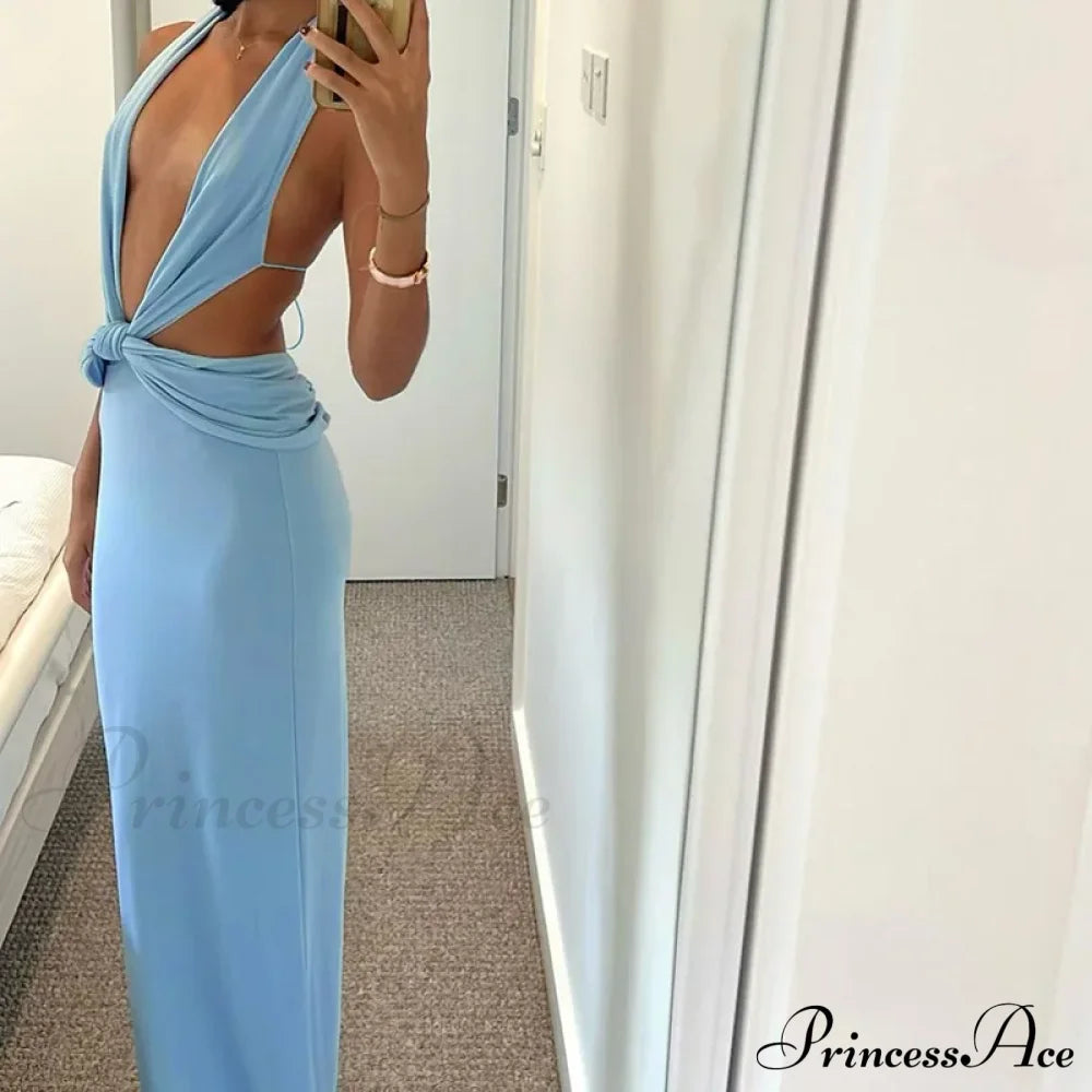 Blue Deep Slit Charming Neck Pleated Maxi Dress image 4