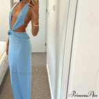 Blue Deep Slit Charming Neck Pleated Maxi Dress image 4