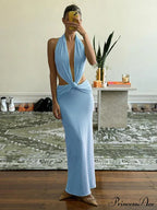 Blue Deep Slit Charming Neck Pleated Maxi Dress image 5