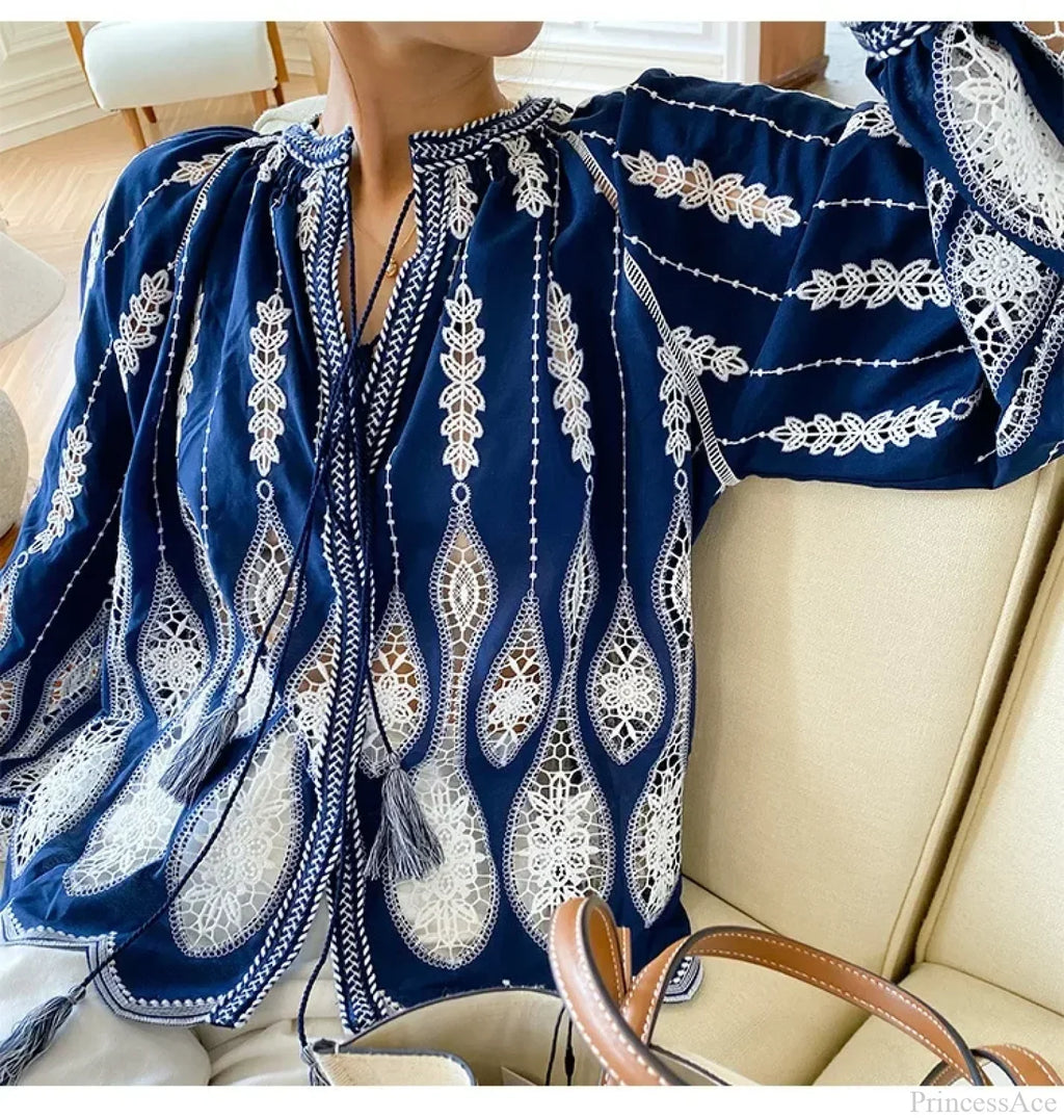 Blue Embroidery Lantern Sleeve Ethnic Boho Blouse image 4