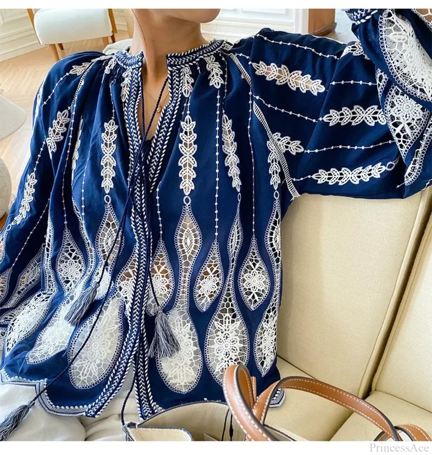 Blue Embroidery Lantern Sleeve Ethnic Boho Blouse image 4