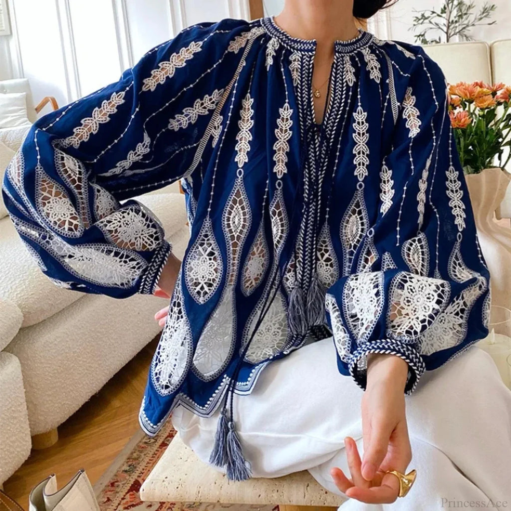 Blue Embroidery Lantern Sleeve Ethnic Boho Blouse image 2
