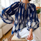 Blue Embroidery Lantern Sleeve Ethnic Boho Blouse image 2