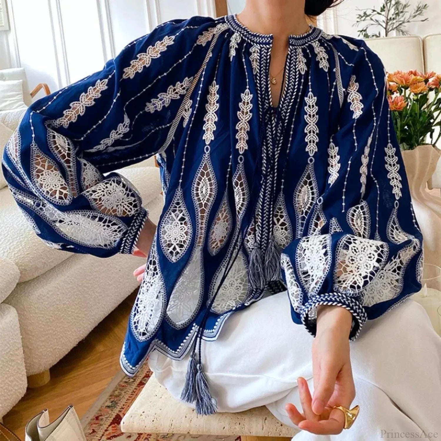 Blue Embroidery Lantern Sleeve Ethnic Boho Blouse image 2