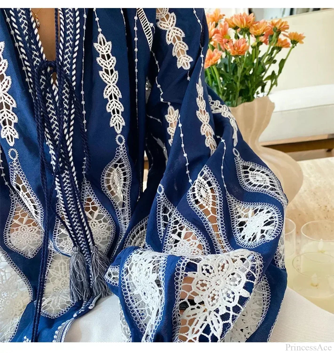 Blue Embroidery Lantern Sleeve Ethnic Boho Blouse image 5
