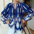 Blue Embroidery Lantern Sleeve Ethnic Boho Blouse image 1