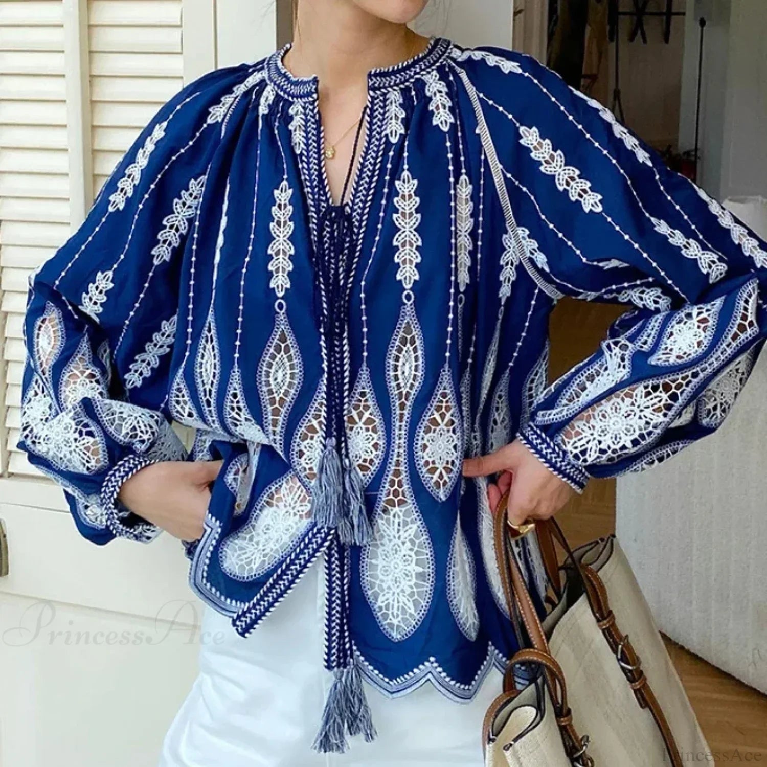 Blue Embroidery Lantern Sleeve Ethnic Boho Blouse image 1