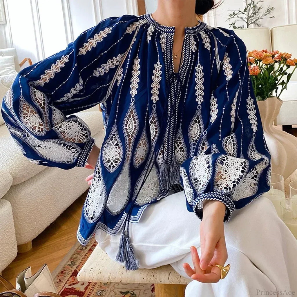 Blue Embroidery Lantern Sleeve Ethnic Boho Blouse image 6