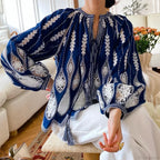 Blue Embroidery Lantern Sleeve Ethnic Boho Blouse image 6