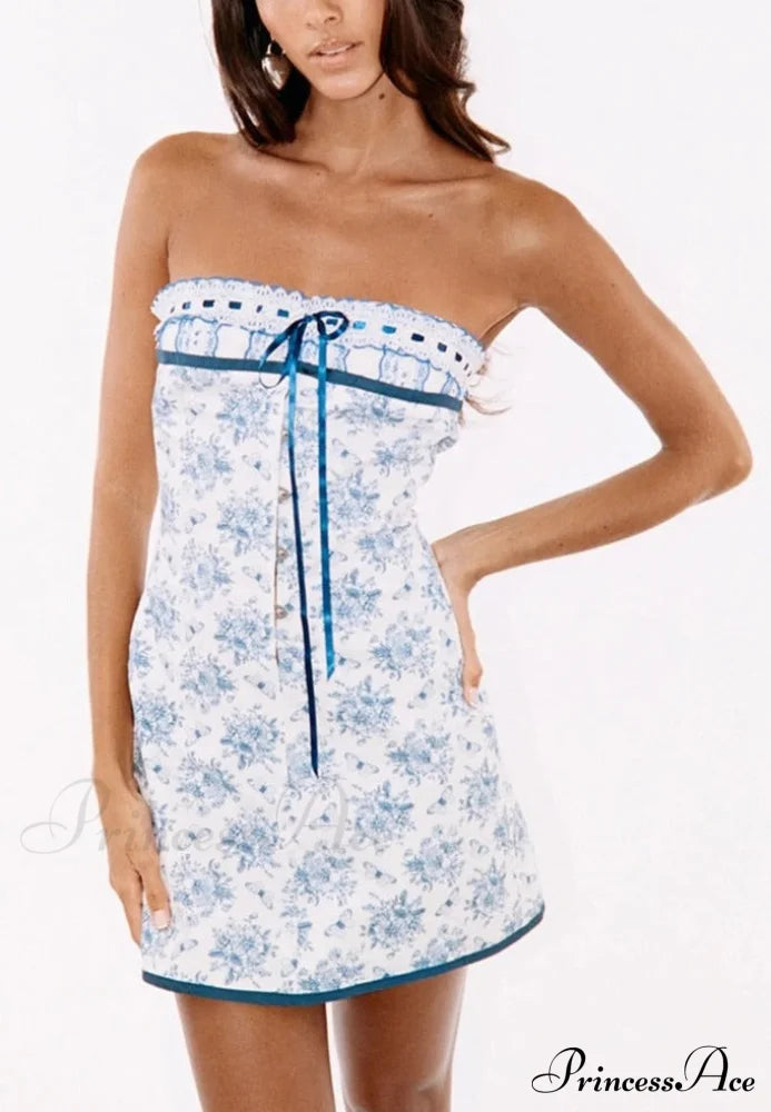 Blue Floral Lace Charming Tube Mini Dress image 4