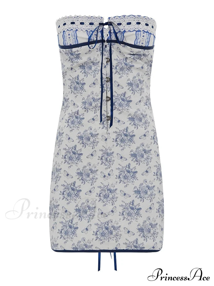 Blue Floral Lace Charming Tube Mini Dress image 3