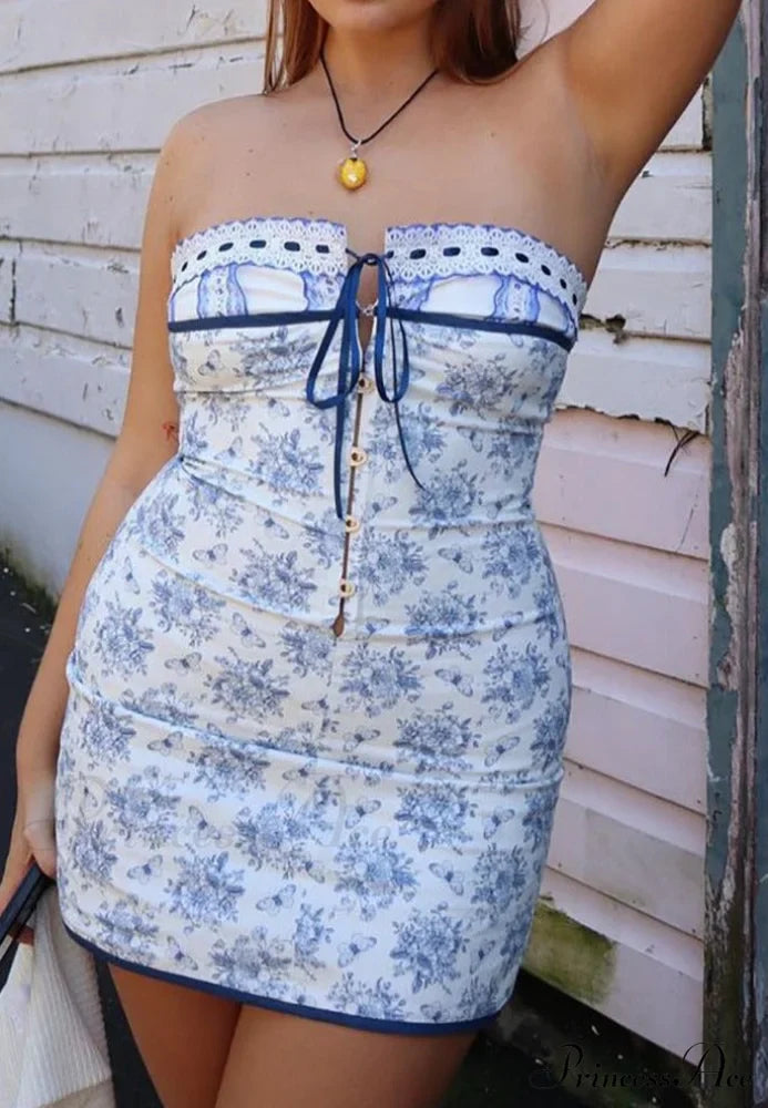 Blue Floral Lace Charming Tube Mini Dress image 1