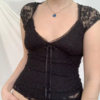 Blue Floral Lace Milkmaid Y2K Crop Top image 5