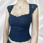 Blue Floral Lace Milkmaid Y2K Crop Top image 3