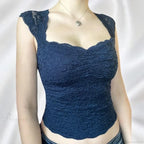 Blue Floral Lace Milkmaid Y2K Crop Top image 2