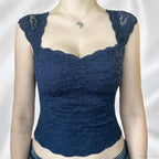 Blue Floral Lace Milkmaid Y2K Crop Top image 1