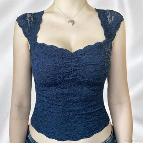 Blue Floral Lace Milkmaid Y2K Crop Top image 1