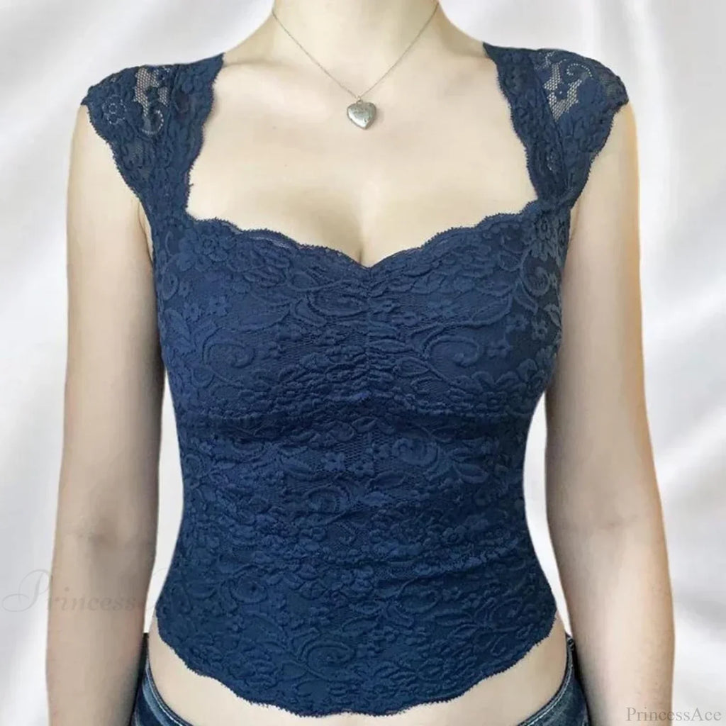 Blue Floral Lace Milkmaid Y2K Crop Top image 4
