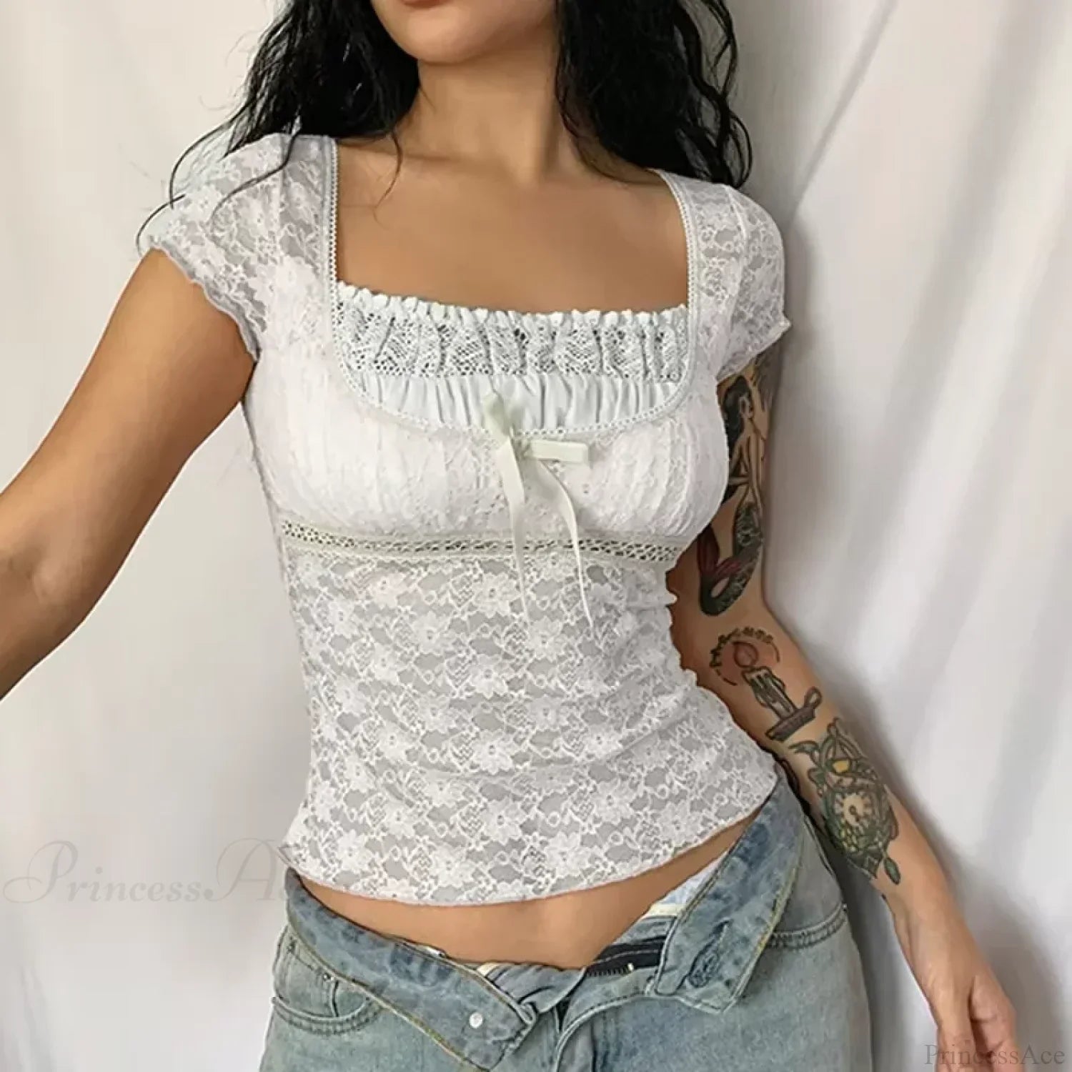 Blue Floral Lace Milkmaid Y2K Crop Top image 7
