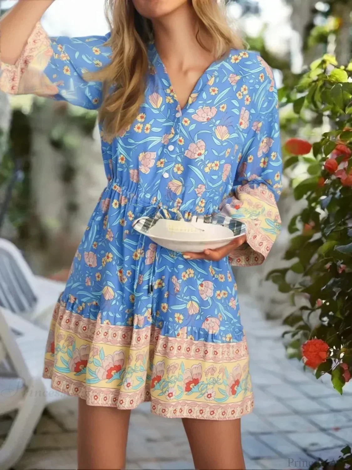 Blue Floral Print Flare Sleeve Boho Dress image 1