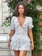 Blue Floral Print Tiered Mini Puff Sleeve Boho Dress image 1